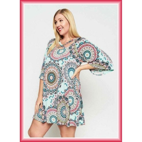 WOMEN'S PLUS BOHO GYPSY MANDALA DRESS CRISS CROSS BELL SLEEVES  1X 2X 3X - Picture 1 of 4